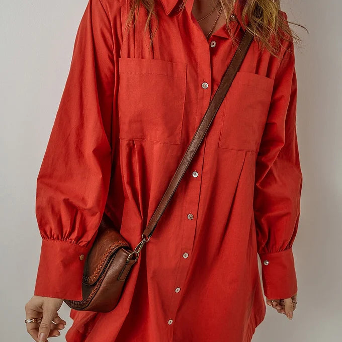 Tomato Red Bishop Sleeve Mini Shirt Dress