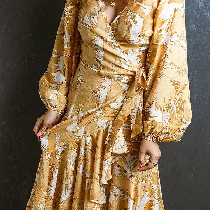 Yellow V Neck Wrap Lace up Bubble Sleeve Floral Dress