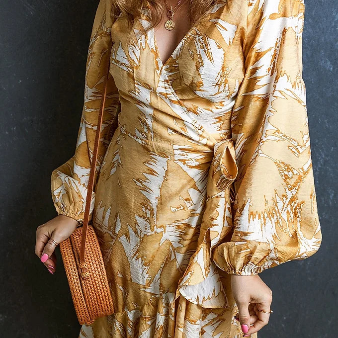 Yellow V Neck Wrap Lace up Bubble Sleeve Floral Dress
