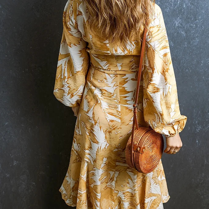 Yellow V Neck Wrap Lace up Bubble Sleeve Floral Dress