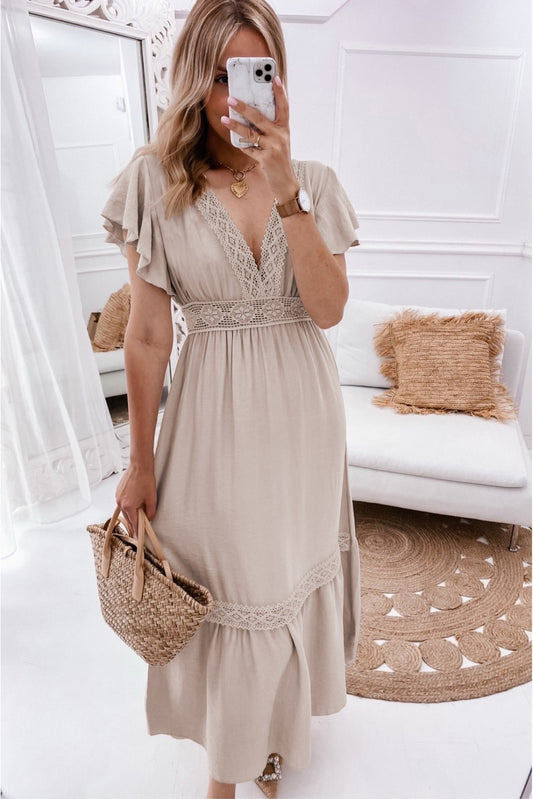 Oatmeal Ruffled Sleeve Maxi Dress