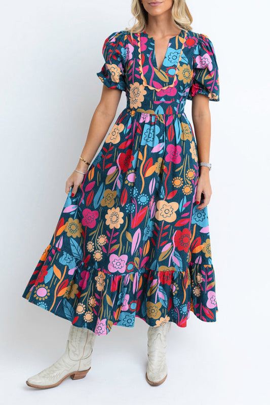 Green Floral Retro Maxi Dress