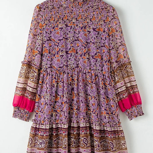 Purple Floral High Neck Mini Dress